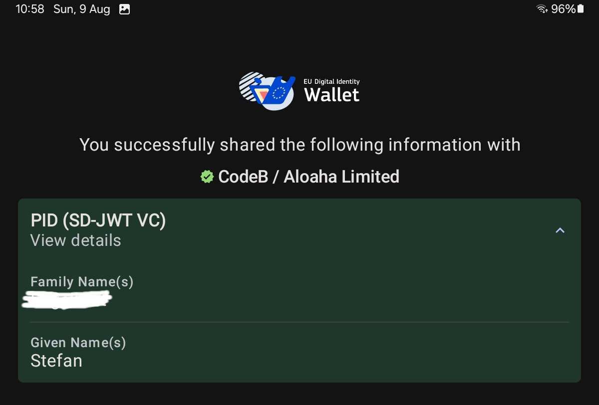 EU Digital Identity Wallet success screen showing PID (SD-JWT VC) shared with CodeB / Aloaha Limited, verified badge visible